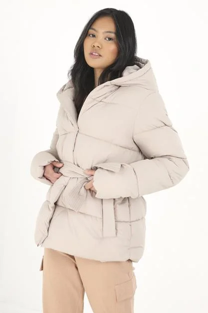 Overstock SHORT PADDED BELTED JACKET WITH HOOD