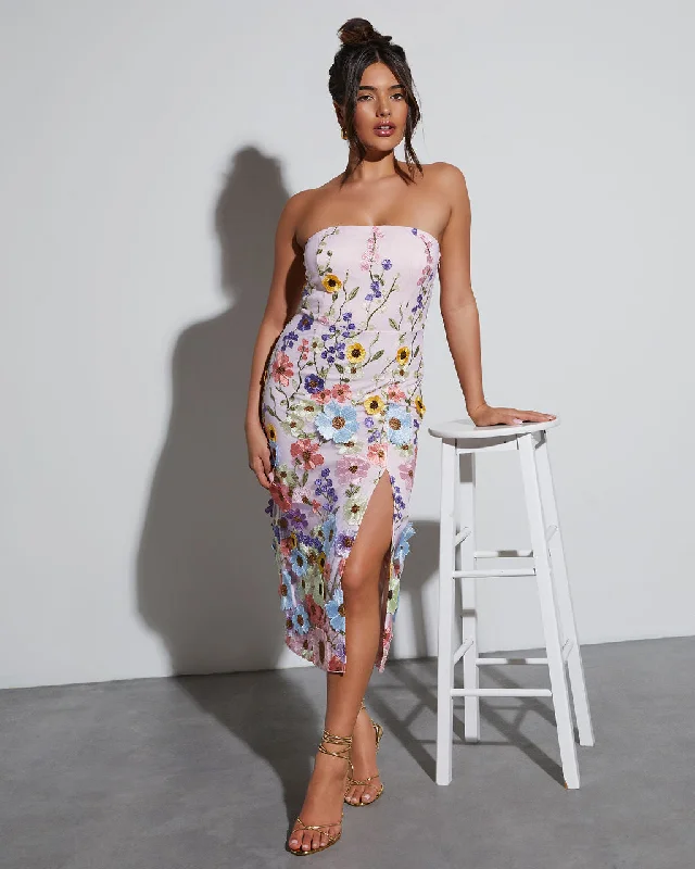 Super Deal Cassie Strapless Floral Embroidered Midi Dress