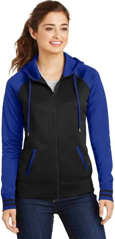 Closeout Sport-Tek LST236 Ladies Sport-Wick Varsity Fleece Full-Zip Hooded Jacket - Black True Royal Closeout Sport-Tek LST236 Ladies Sport-Wick Varsity Fleece Full-Zip Hooded Jacket - Black True Royal