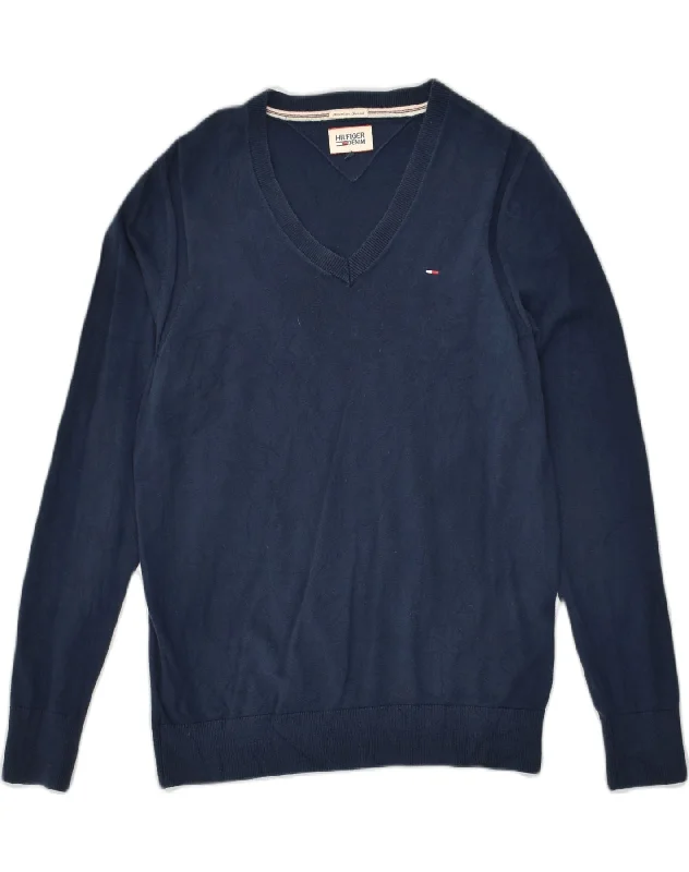 Act Now TOMMY HILFIGER Womens V-Neck Jumper Sweater UK 14 Large Navy Blue Cotton